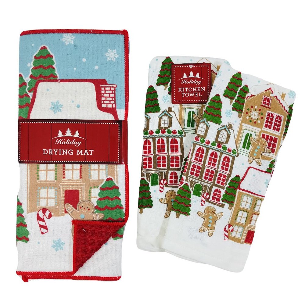 Christmas Dish Drying Mat + Matching Kitchen Towel Set Winter Gingerbread House